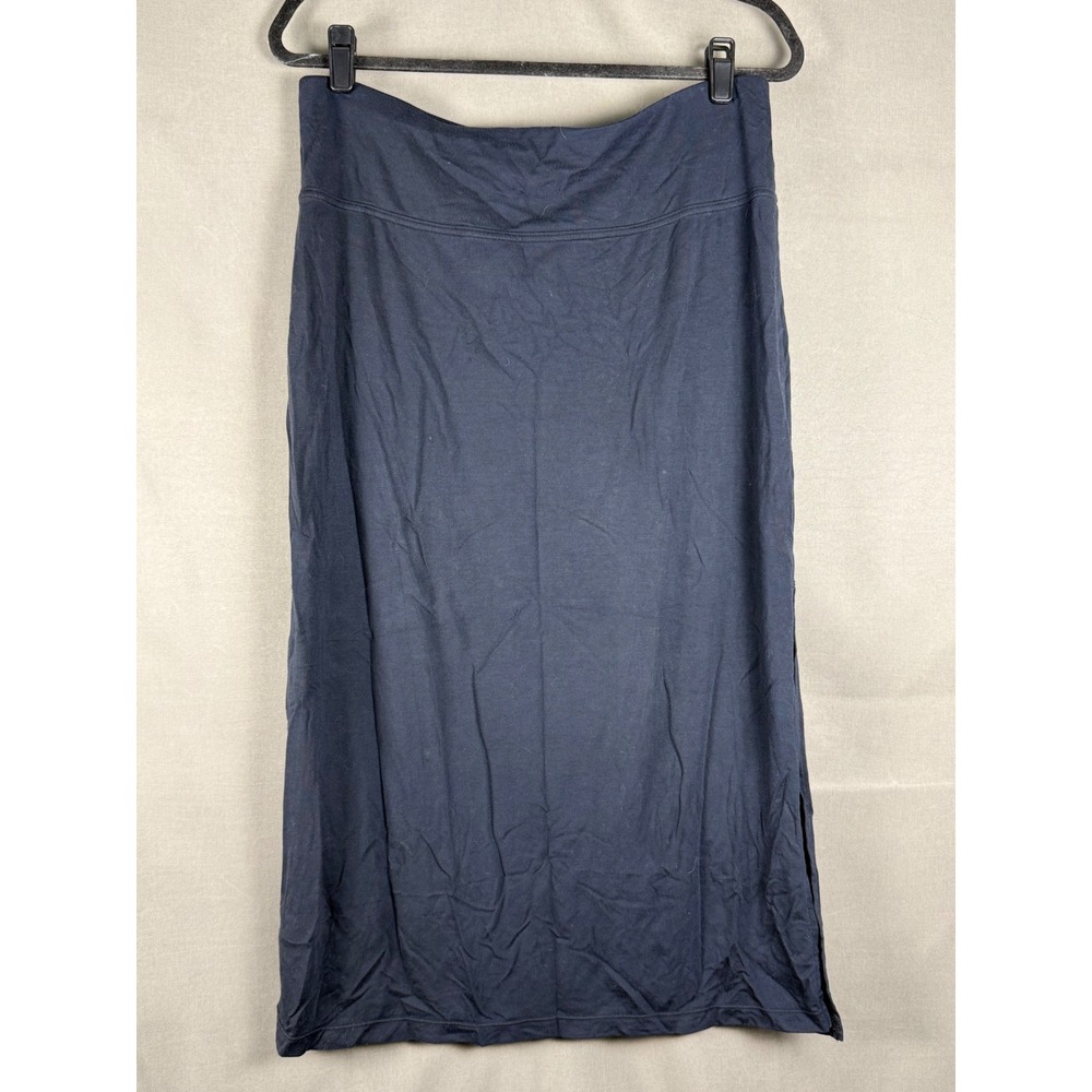 Athleta Maxi Skirt Women L Navy Blue Tencel Lyocell Stretch Side Slit Jersey
